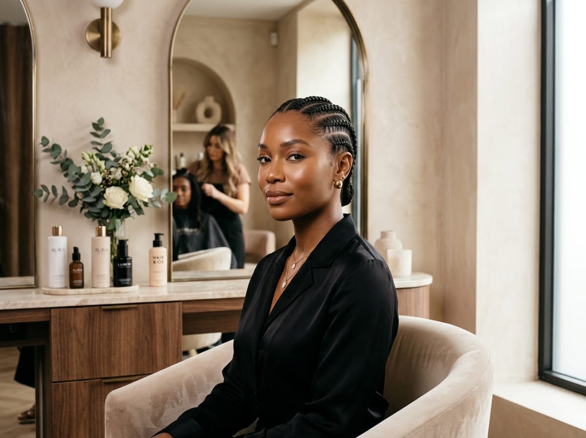 Medium straight-back stitch cornrows in luxury salon